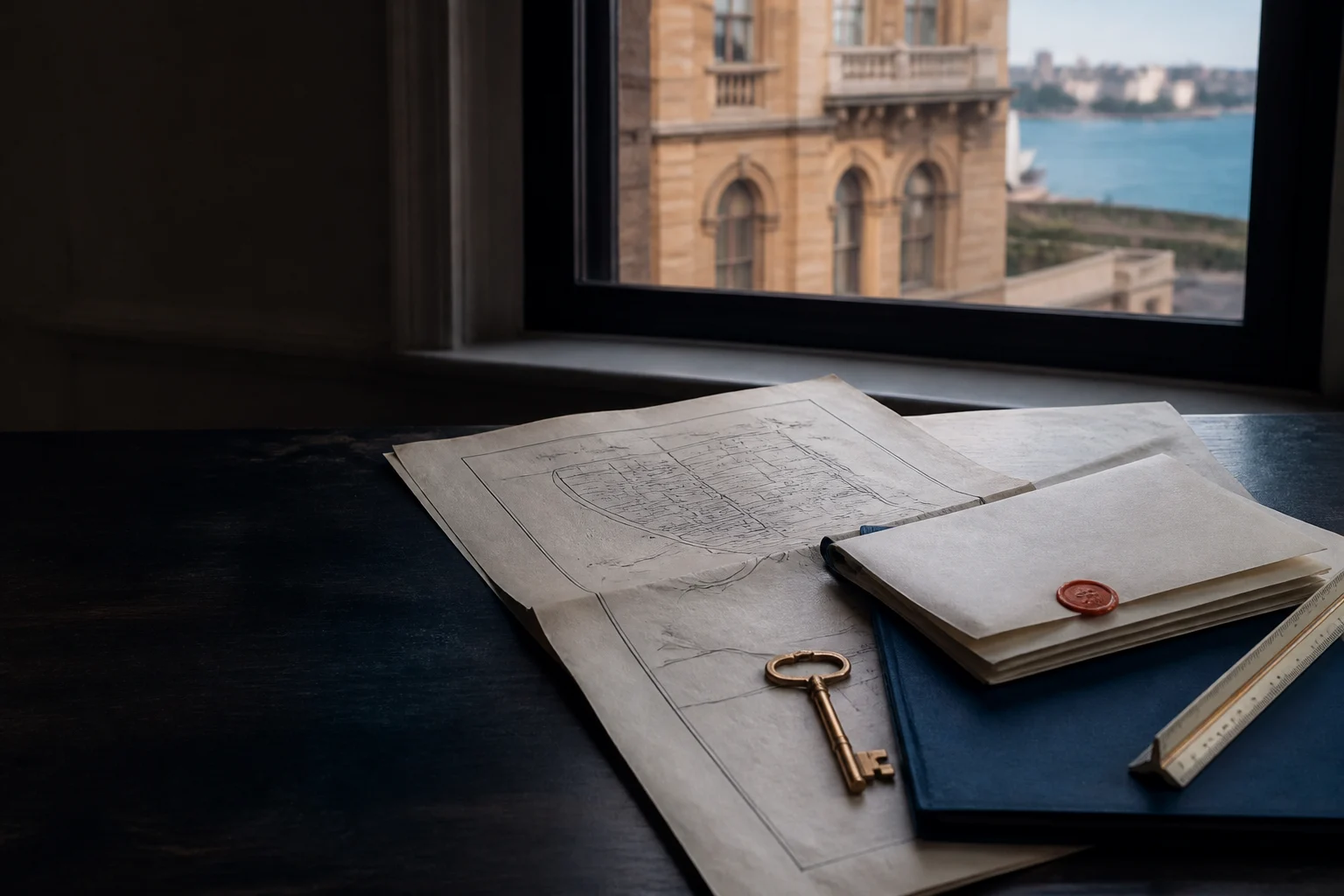 Property plans, legal documents and a key overlooking Sydney Harbour