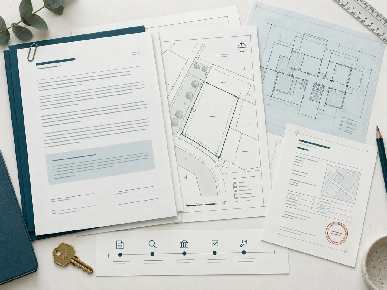 Illustration of a buyer property file containing a contract, title plan, strata plan, search record, settlement timeline and key