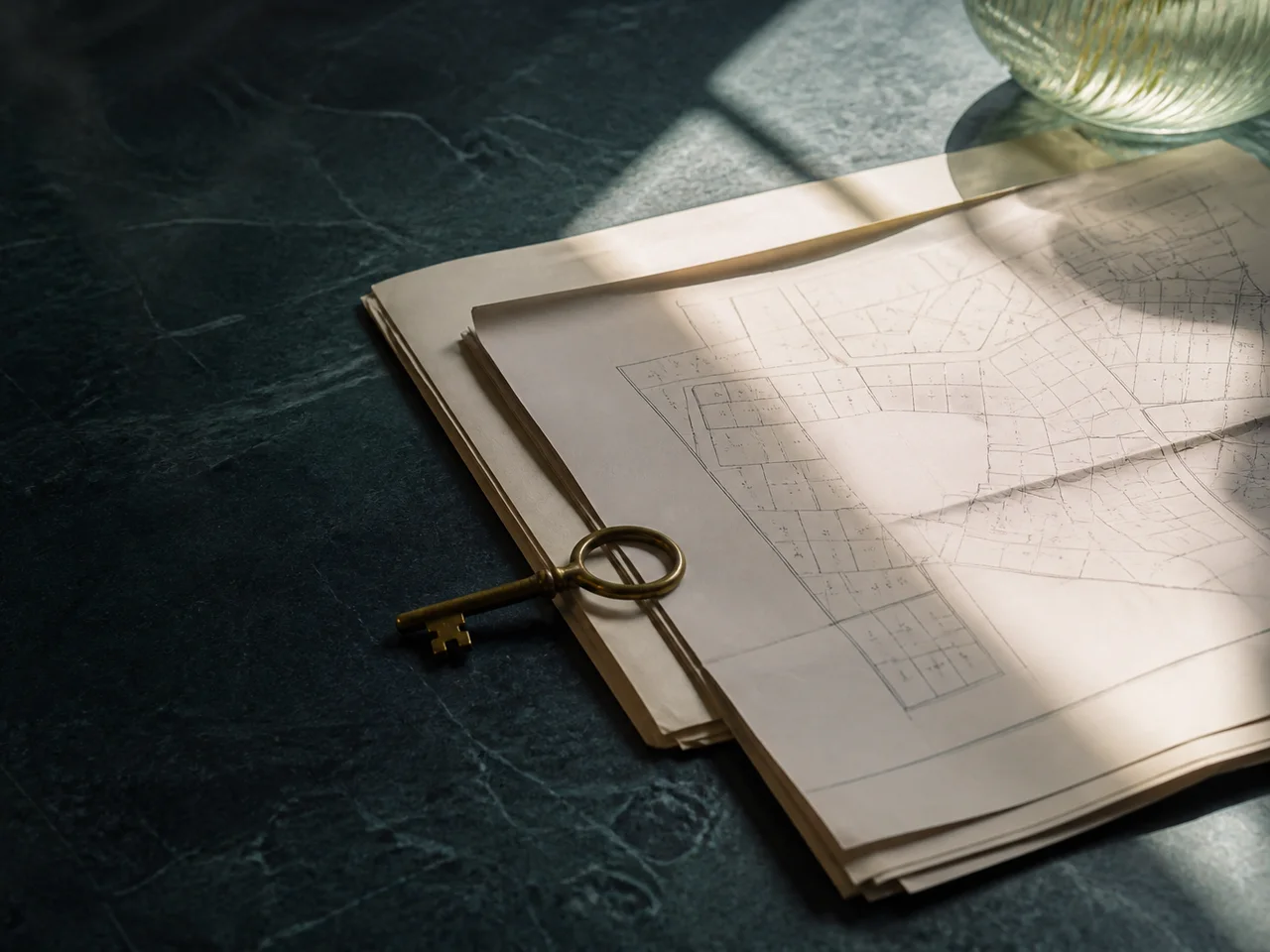 Commercial property plans, title papers and a key arranged for transaction review