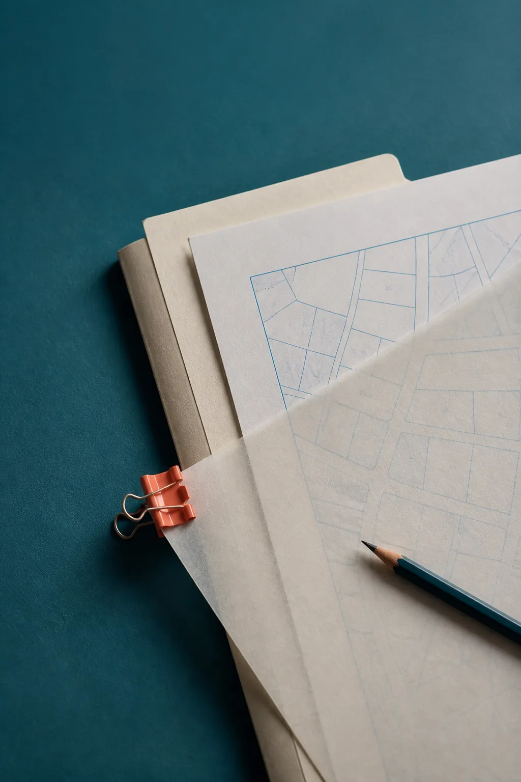 Contract documents, a property plan and a pencil ready for review