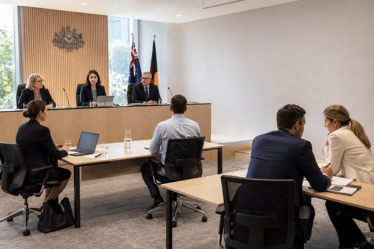 Courtroom hearing with legal professionals seated at counsel tables