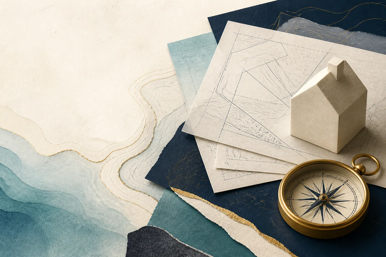 Property plans, a model house and a compass arranged on a desk