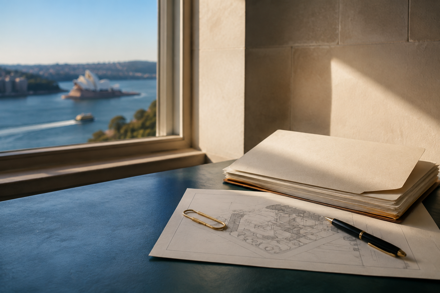 Conveyancing documents and a property plan beside a Sydney harbour window