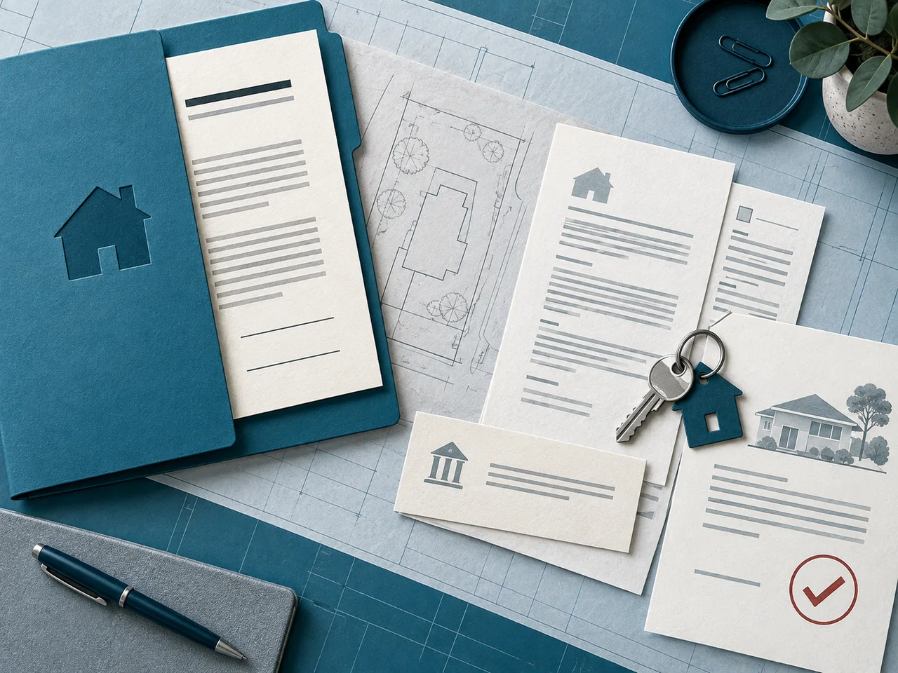 Illustration of a property seller file with a contract folder, title plan, certificates, mortgage discharge record and settlement key