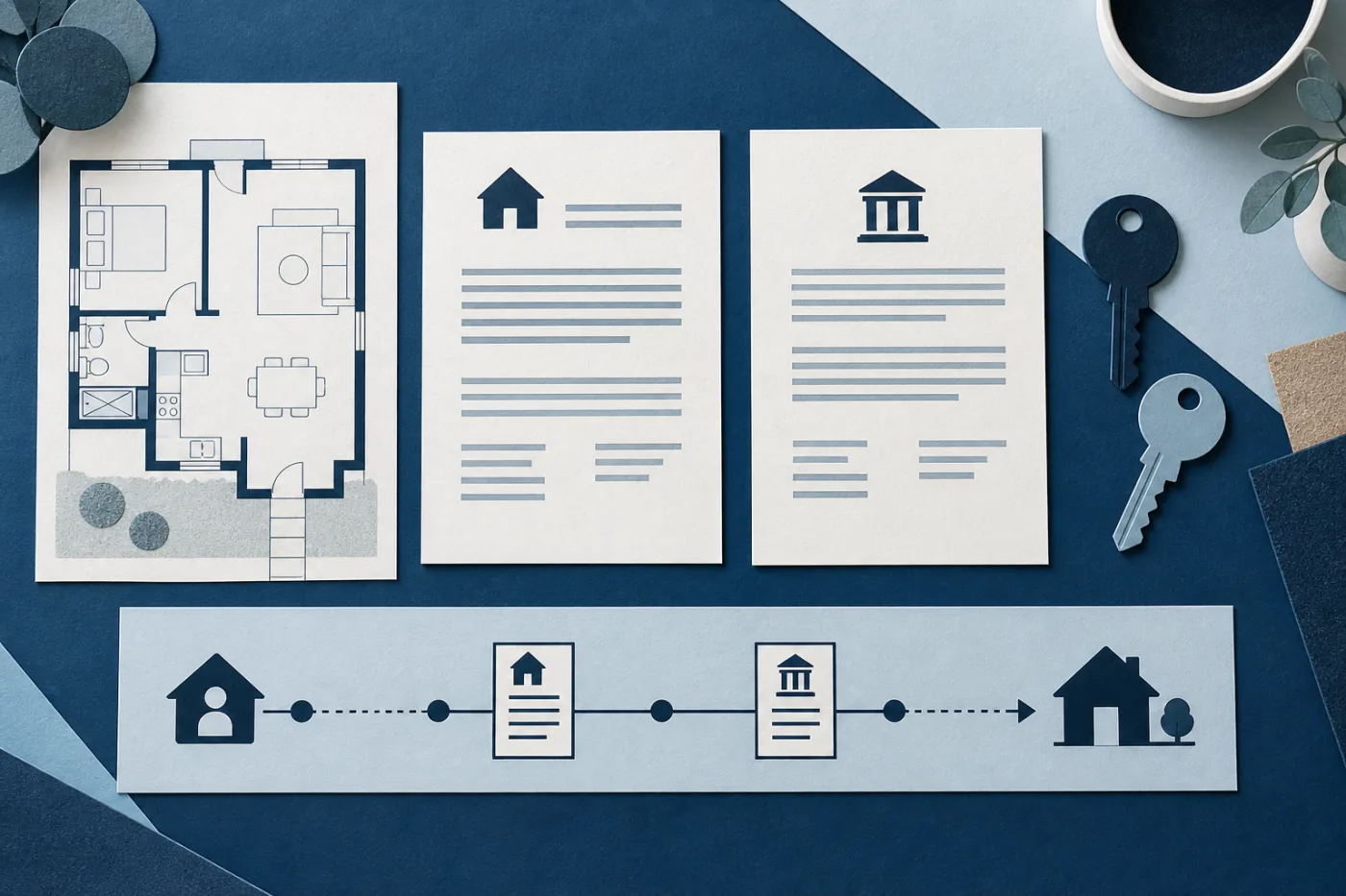 Illustration aligning a home plan, tenancy document, property contract and two keys
