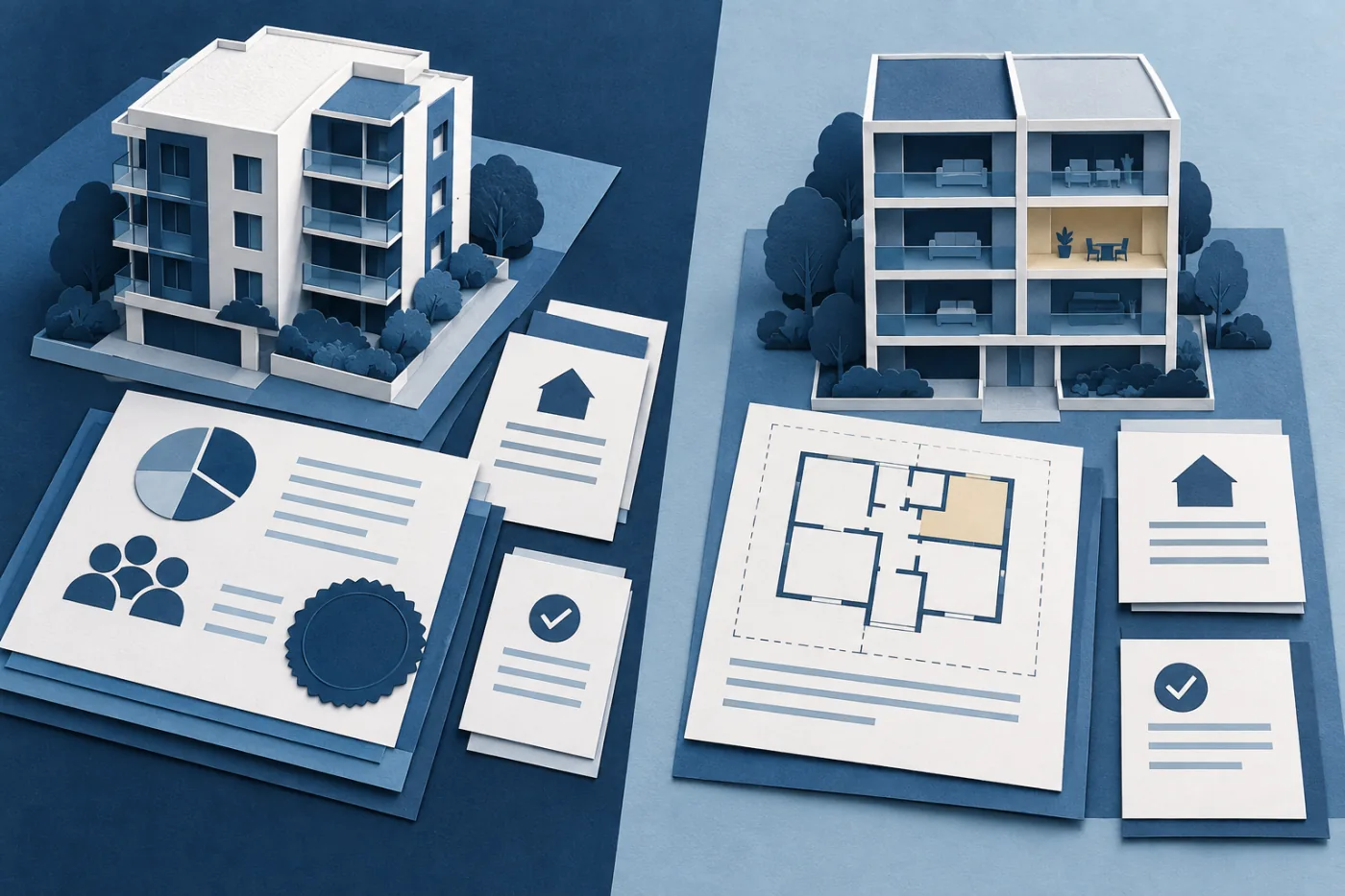 Illustration of an apartment building with company documents, share records and occupancy plans