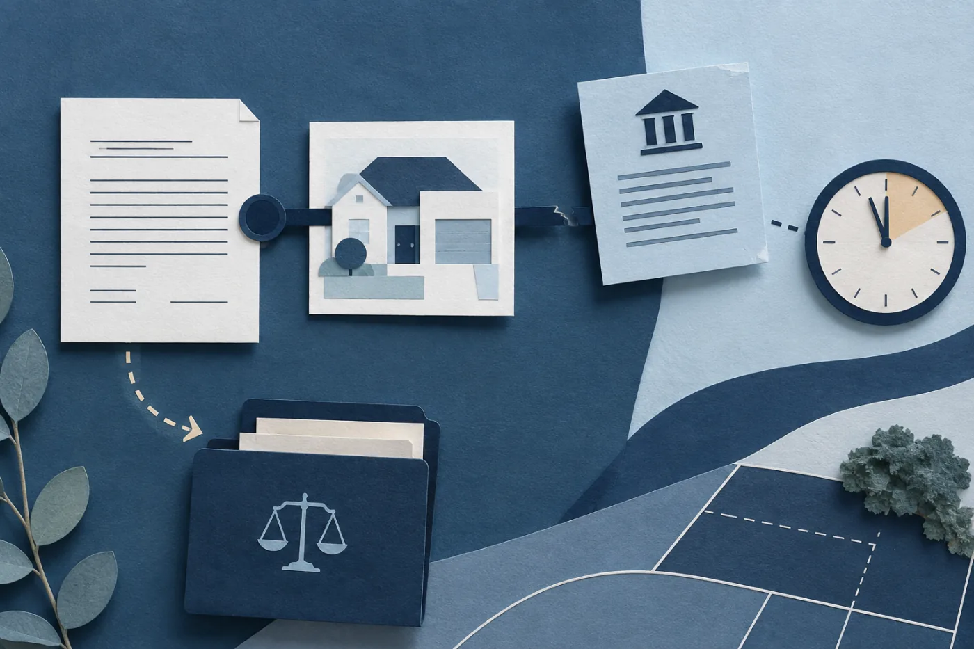 Illustration of a property contract, house plan, separated bank document and settlement clock