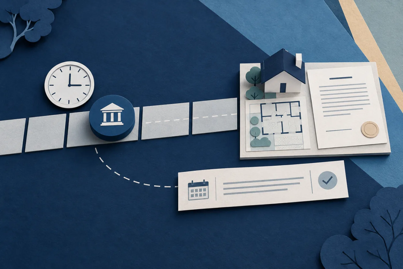 Illustration of bank funds approaching a property settlement document after a deadline marker