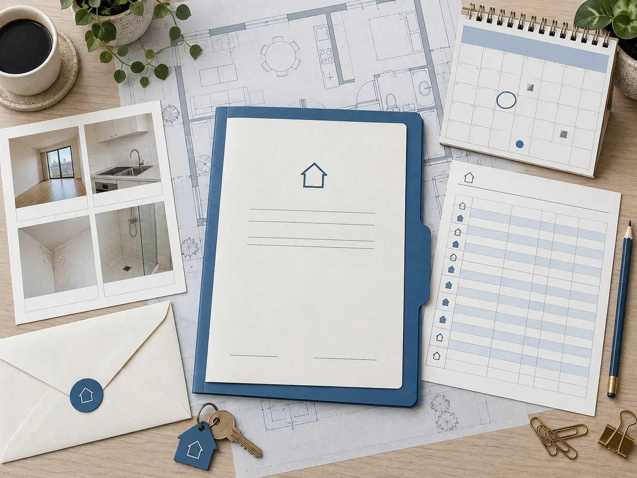 Tenancy agreement, condition photographs, rent record, calendar, notice envelope and keys arranged as a matter file